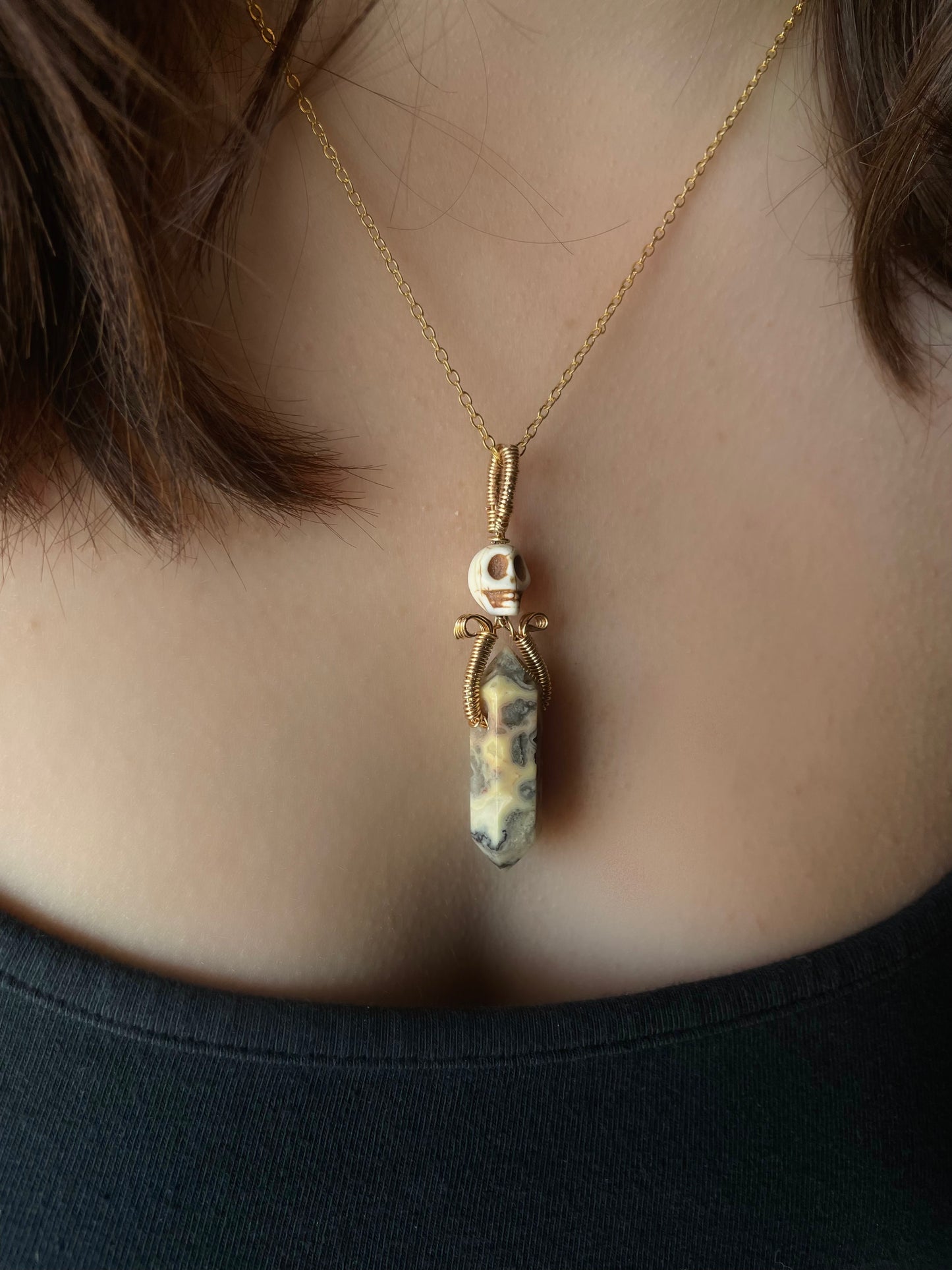 Skull and Brass Crazy Lace Agate Pendant